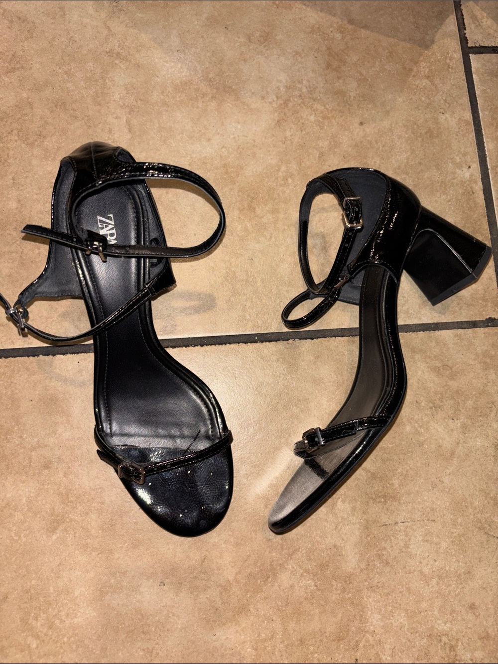 Zara Black Patent Leather Ankle Buckle Heeled Sandals